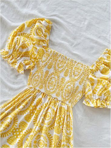 Milumia Women's Boho Floral Print Square Neck Puff Short Sleeve Rompers Jumpsuit in Kuwait