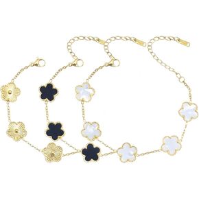 18K Gold Plated Four Leaf Clover Bracelet Set - 3Pcs Lucky Charm Jewelry for Women, Adjustable Gold/White/Black Bracelet Gift Sets for Mom, Wife, Girlfriend