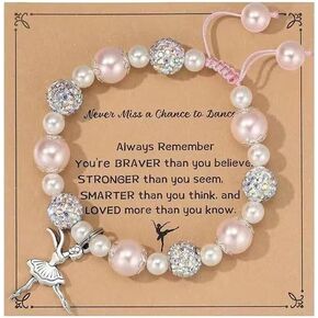 Dancing Shiny Ballerina Charm Bracelet Pink Imitation Pearl Crystal Dance Bracelet Dance Recital School Competition Jewelry for Women Ballet Dancer Lover