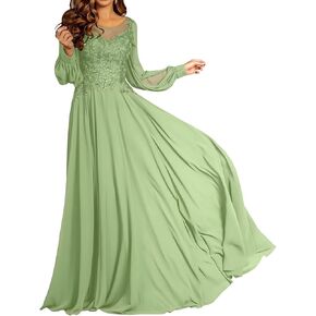 Lace Applique Chiffon Mother of The Bride Dresses for Wedding A-Line Crew Neck Long Sleeves Maxi Formal Evening Dress