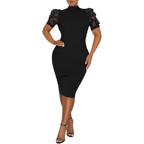 Annystore Women's Mesh See Through Sheer Dress Short Puff Sleeve Bodycon Dress Mock Neck Sexy Club Party Midi Dress Clubwear