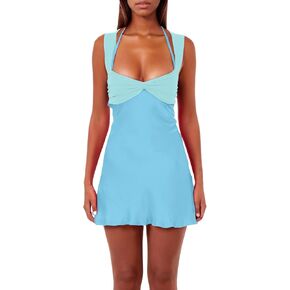 ISZPLUSH WIND'S MINI Dress Patchworklessless Sleveless Lace Up High Weist A-Line Party Party Clubwear Short