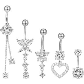 4Pcs Sterling Silver Belly Button Ring, 14G Silver Stainless Steel Belly Button Piercing Jewelry Heart Elegant Butterfly Bow Flower Navel Belly Rings for Women Men