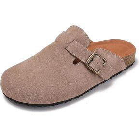 Women's Suede Clogs Leather Mules Cork Footbed Potato Shoes, Slip On Sandals with Arch Support and Buckle