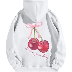 Tuislay Womens Cute Cherry Graphic Hoodie Ribbon Bow Printed Sweatshirt Drop Shoulder Aesthetic Pullover Hoodies With Pocket