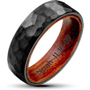 LerchPhi Hammered Tungsten Rings for Men, KOA Wood Rings Inlay Black Mens Wedding Band, 8MM Promise Rings For Him