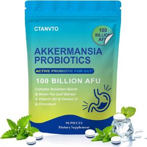 Akkermansia Probiotic with Prebiotic Fiber 100 Billion Live Strain Increase GLP-1 Production, Green Tea Extract, Vitamin B2, Vitamin D, Chromium for Gut Health for Men & Women (90 Capsules, 1-Pack)