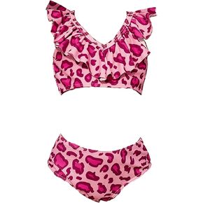 Gorglitter's Girl's المكونة من 1 Leopard Print Bikini مجموعة كشكش Bralette Tank أعلى وخصية مرتفعة