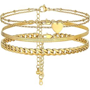 PROSTEEL Ankle Bracelets for Women, Layered Gold Anklets for Women Waterproof, Stainless Steel Cuban Link Anklets Set, 8.5"-10.5" Adjustable Anklet, Come with Box