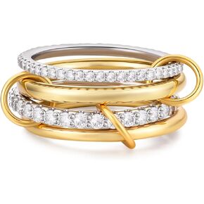 14K Gold Plated Interlocked Stackable Rings for Women Non Tarnish,Gold and Silver Cubic Zirconia Statement Rings Set,Mixed Metals Ring Two-Toned Connected Bands Stacking Jewelry