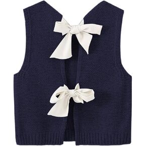 Womens Cute Bow Tie Open Back Cropped Sweater Vest Knit Tank Tops Y2k Girls Sleeveless Cardigan Pullover Shirts