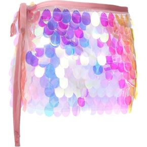 MECCANIXITY Sequin Short Skirt Women's Rave Party Dance Skirt Sparkly Belly Dance Hip Skirts Wrap for Dance Party Night Club Costume(Pink)