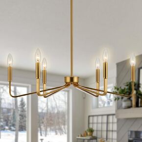 Gold Farmhouse Chandeliers for Dining Room, 6-Light Modern Chandelier Light Fixture, Brushed Brass Industrial Candle Lighting Hanging Ceiling for Living Room Bar Kitchen Island Lights