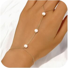 Dainty 925 Sterling Silver Pearl Hand Chain Bracelet for Women 14K Gold Plated Cute Ring Bracelet to Daughter Mother Wrist Finger Bracelet Simple Trendy Chain Ring Everyday Graduation Jewelry Gift