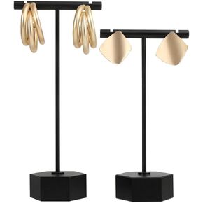 GemeShou Black Metal 2pcs Earring Display T Stand for Show, T Bar Jewelry Holder Tree for Retail Photography 【Black-Hexagon Base 2pcs Height 4.5" and 5.3"】