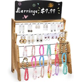 ZEAYEA Earring Display Stand for Selling, Wood Bracelet Necklace Display Holder with Advertising Board and 30 Hooks for Vendors, 5-Tier Jewelry Organizer Stand for Earring Cards, Rings, Keychain