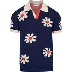 قمصان البولو للرجال Oxknit Retro Retro tknated V الرقبة القصيرة القميص البحري الصيفي مع تصميم الزهور