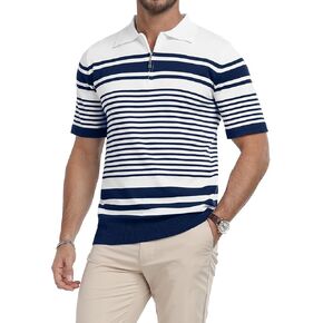 KUYIGO Men's Knit Collared Polo Shirts Short Sleeve Zipper Striped Tops Classic Fit Casual Soft T-Shirt