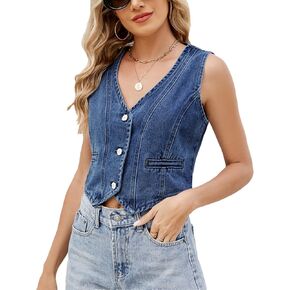 Cropped Y2K Denim Vest for Womens Button Down Sleeveless Corset Jean Tank Waistcoat