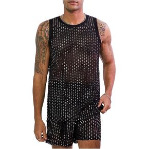 MakeMechic Men's Mesh Arecin equin Tank Top Rhinestone Crew Neck Disteless Summer Club Party Tops
