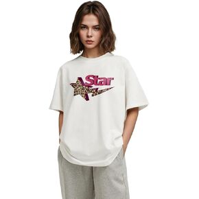 Star Leopard Cheetah Graphic Print Tees Short Sleeve Crewneck Tops Baggy Trendy Casual Oversized Cozy Shirts