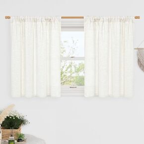 LAMIT Natural Short Window Linen Curtains 36 Inch Length, Ivory Linen Textured Semi Sheer Small Curtains for Bedroom, Light Filtering Rod Pocket Drapes for Cafe/RV Window, 2 Panels, 42 x 36 Inch