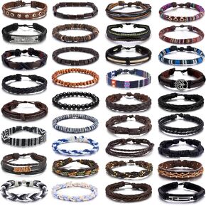 RIOSO 35Pcs Leather Bracelets for Men Women Braided Hemp Wood Bead Bracelet Set Ethnic Tribal Leather Wrap Cuff Wristband Bracelet