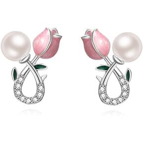Reffeer Solid 925 Sterling Silver Pink Flower Stud Earrings for Women Teens Spring Flower Stud Earrings Pearls