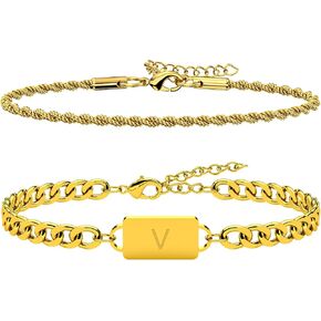 2PCS Initial Letter Stainless Steel Bracelet, A-Z Letter Pendant Silver Gold Black Cuban Rope Link Chain for Men Women Jewelry Set
