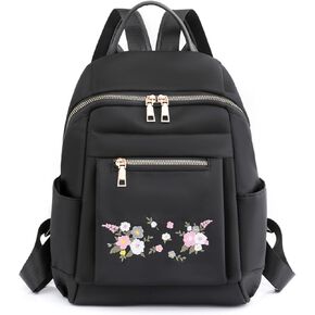 Small Black Women's Fashion Travel Backpack Bag, Lady Small Daily Daypack, Light Weight Casual Satchel Handbags Shoulder Bag (Embroidered Flowers)