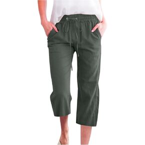 Capri Pants for Women 2025 Summer Drawstring Elastic High Waist Casual Capris Straight Wide Leg Cotton Linen Pants