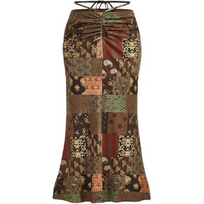 Milumia Women's Boho Patchwork Skirt Drawstring Tie Back Fishtail Bodycon Long Skirts