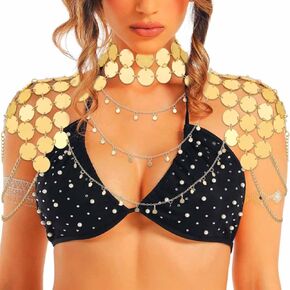DRESBE Layered Sequin Shoulder Chain Gold Boho Bikini Body Chains Summer Beach Body Accessories for Women