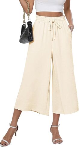 CZYINXIAN Womens Flowy Wide Leg Pants Casual Summer Beach Elastic Waist Trousers Trendy Business Work Pants with Pockets in Kuwait