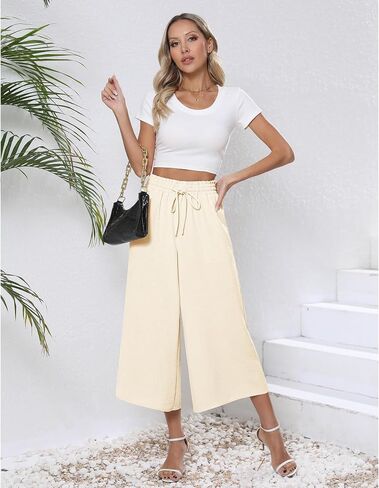 CZYINXIAN Womens Flowy Wide Leg Pants Casual Summer Beach Elastic Waist Trousers Trendy Business Work Pants with Pockets in Kuwait