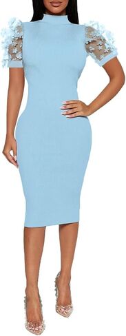 Annystore Women's Mesh See Through Sheer Dress Short Puff Sleeve Bodycon Dress Mock Neck Sexy Club Party Midi Dress Clubwear in Saudi Arabia