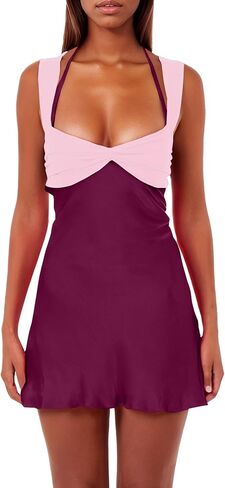 ISZPLUSH WIND'S MINI Dress Patchworklessless Sleveless Lace Up High Weist A-Line Party Party Clubwear Short in Kuwait