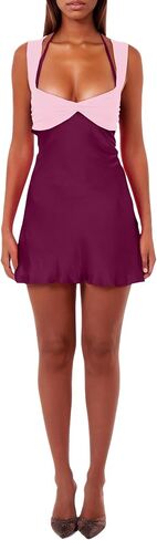 ISZPLUSH WIND'S MINI Dress Patchworklessless Sleveless Lace Up High Weist A-Line Party Party Clubwear Short in Kuwait