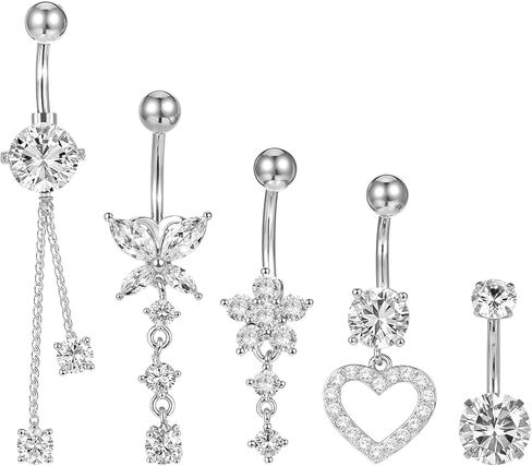 4Pcs Sterling Silver Belly Button Ring, 14G Silver Stainless Steel Belly Button Piercing Jewelry Heart Elegant Butterfly Bow Flower Navel Belly Rings for Women Men in Saudi Arabia