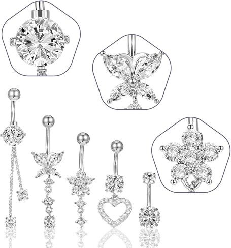 4Pcs Sterling Silver Belly Button Ring, 14G Silver Stainless Steel Belly Button Piercing Jewelry Heart Elegant Butterfly Bow Flower Navel Belly Rings for Women Men in Saudi Arabia