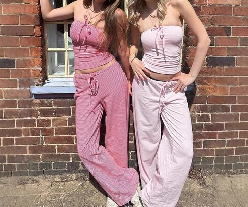 Women's Wide Leg Striped Pajama Pants Casual Elastic Waist Lounge Pants Stretch Pajama Bottoms Trousers in Saudi Arabia