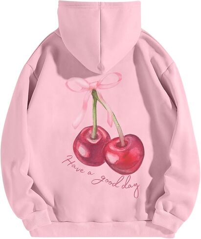 Tuislay Womens Cute Cherry Graphic Hoodie Ribbon Bow Printed Sweatshirt Drop Shoulder Aesthetic Pullover Hoodies With Pocket in Kuwait