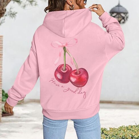 Tuislay Womens Cute Cherry Graphic Hoodie Ribbon Bow Printed Sweatshirt Drop Shoulder Aesthetic Pullover Hoodies With Pocket in Kuwait
