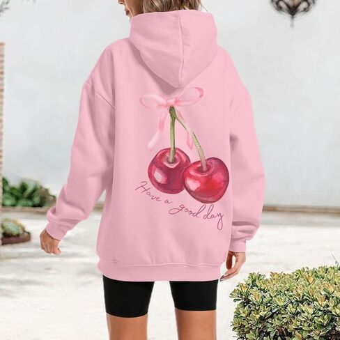 Tuislay Womens Cute Cherry Graphic Hoodie Ribbon Bow Printed Sweatshirt Drop Shoulder Aesthetic Pullover Hoodies With Pocket in Kuwait