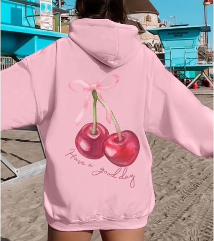 Tuislay Womens Cute Cherry Graphic Hoodie Ribbon Bow Printed Sweatshirt Drop Shoulder Aesthetic Pullover Hoodies With Pocket in Kuwait