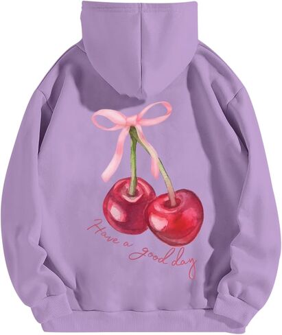 Tuislay Womens Cute Cherry Graphic Hoodie Ribbon Bow Printed Sweatshirt Drop Shoulder Aesthetic Pullover Hoodies With Pocket in Kuwait