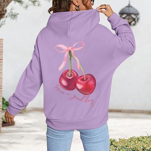Tuislay Womens Cute Cherry Graphic Hoodie Ribbon Bow Printed Sweatshirt Drop Shoulder Aesthetic Pullover Hoodies With Pocket in Kuwait