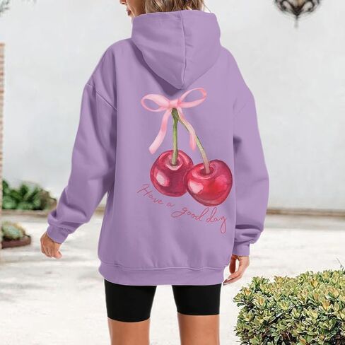 Tuislay Womens Cute Cherry Graphic Hoodie Ribbon Bow Printed Sweatshirt Drop Shoulder Aesthetic Pullover Hoodies With Pocket in Kuwait