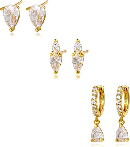 3 Pairs Huggie Hoop Earring Set 18K Gold Plated Cubic Zirconia Cartilage Earrings, Multi Piercings Ear Jacket Earring Climber Stud Earring for Women Everyday Earrings in Kuwait