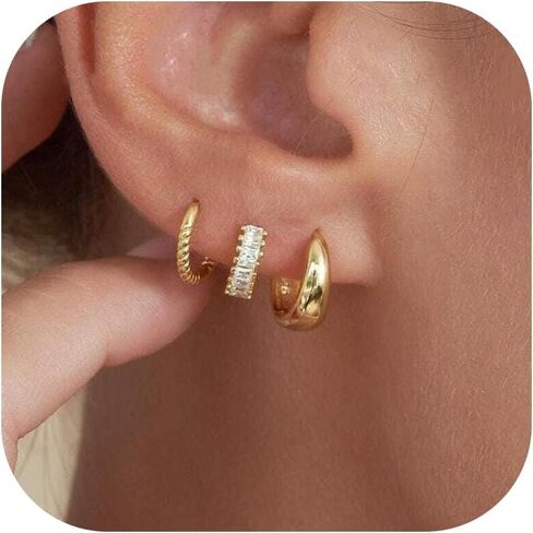 3 أزواج huggie hoop arring مجموعة 18 ألف الذهب مطلي بالزركونيا Zirconia arics ، متعددة الثقوب سترة الأذن حلق kimber roping للنساء الأقراط اليومية in Kuwait